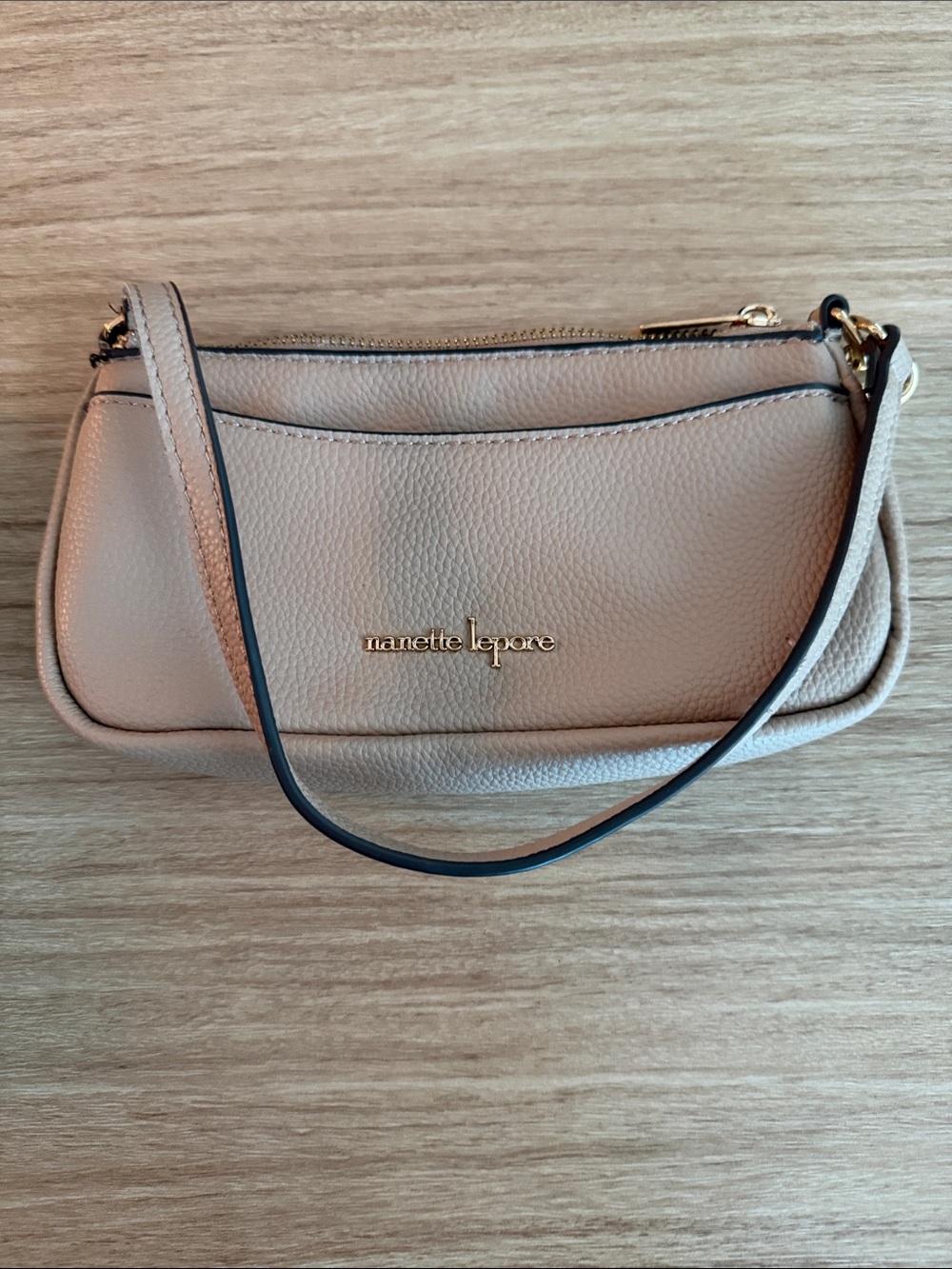 Nanette Lepore Taupe Leather Shoulder Bag with Gold Logo